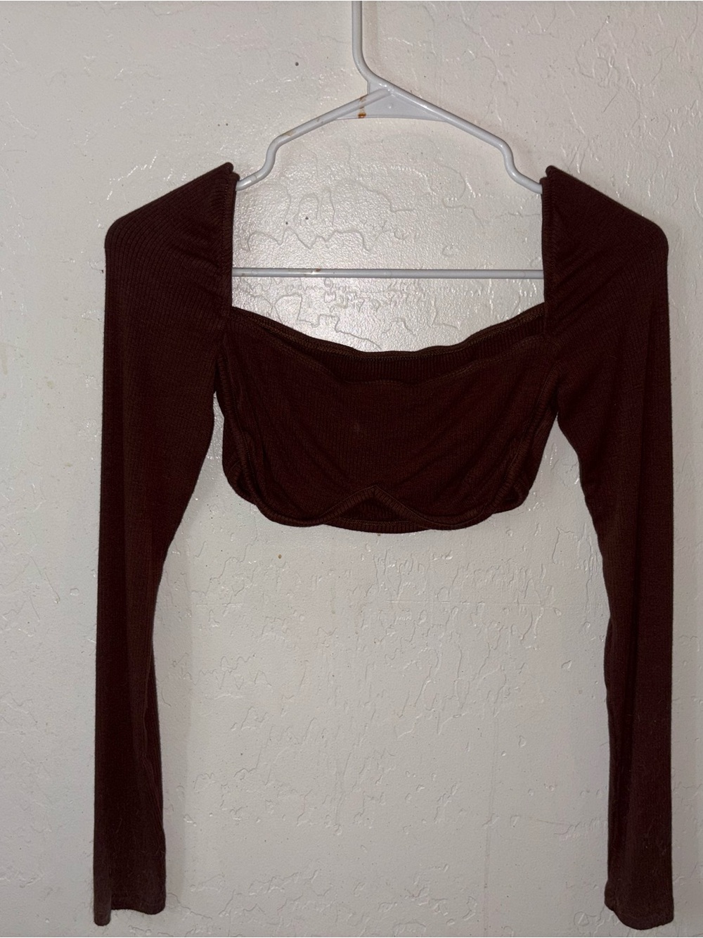Brown Long-Sleeve Cropped Square Neck Top